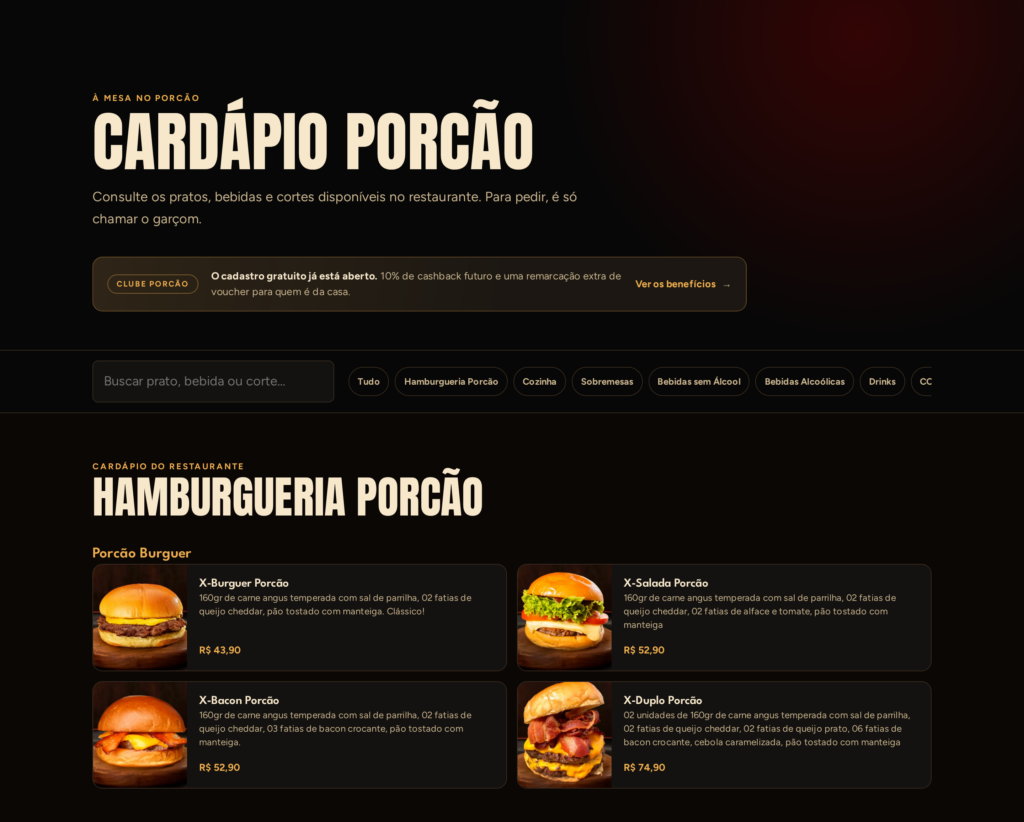 O topo do cardápio, com a busca e os atalhos das áreas logo abaixo.
