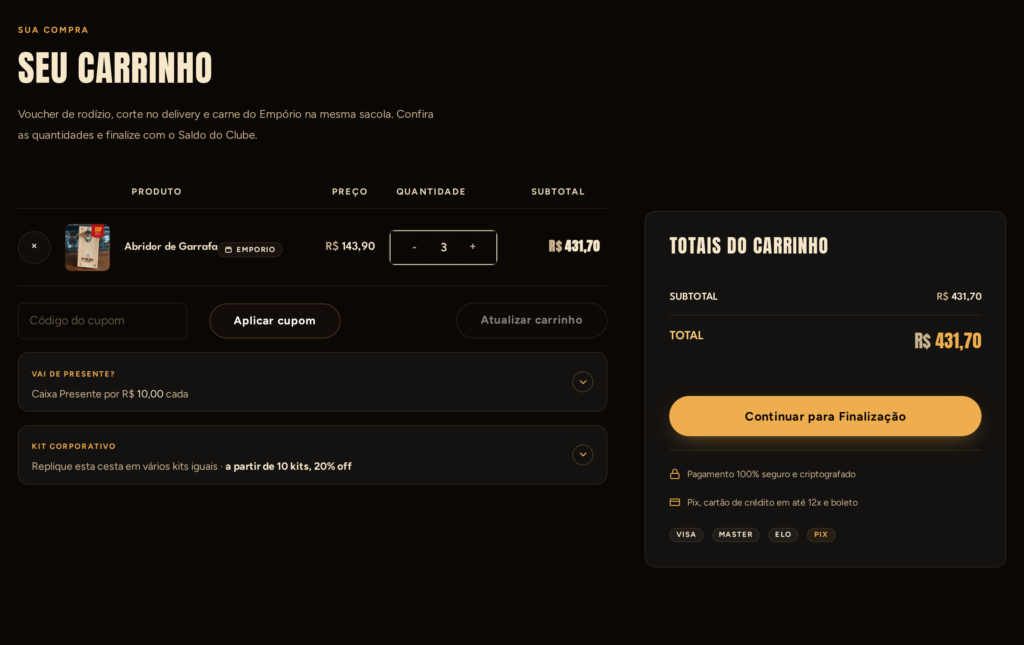 Resumo do carrinho informando o cartão em até doze vezes.