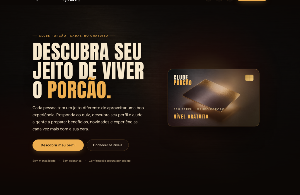 A página do Clube Porção, com o cartão do nível gratuito e os dois botões de entrada.