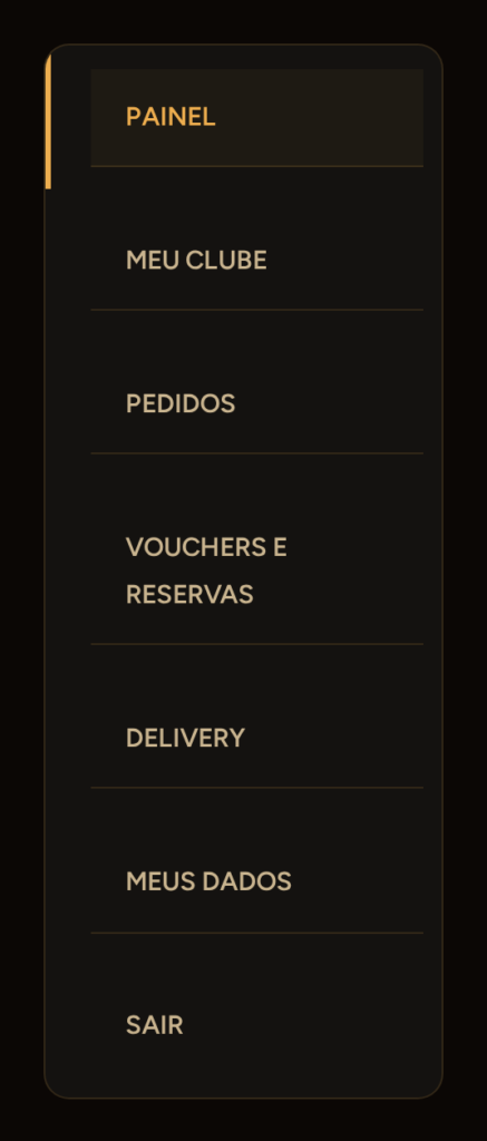 O menu lateral da conta com os sete itens disponíveis.