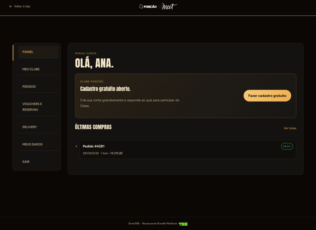 O painel da conta logo depois do login, com últimas compras.