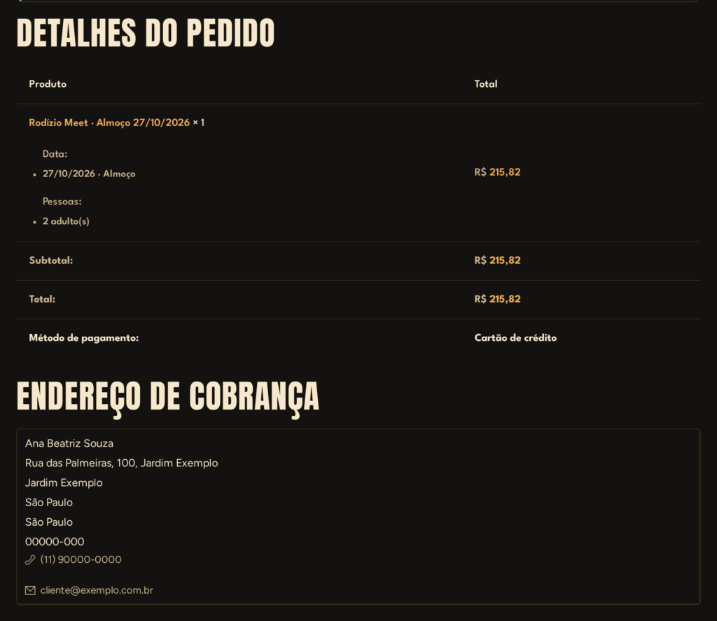 Detalhes do pedido com subtotal, total e método de pagamento.