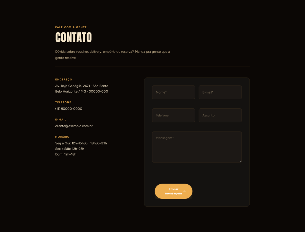 A página de Contato, com e-mail, telefone, horário e formulário.