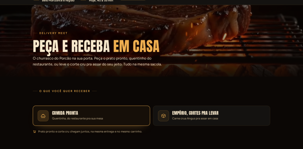 A barra do topo da página de delivery, com a região atendida e a faixa de tempo estimado.