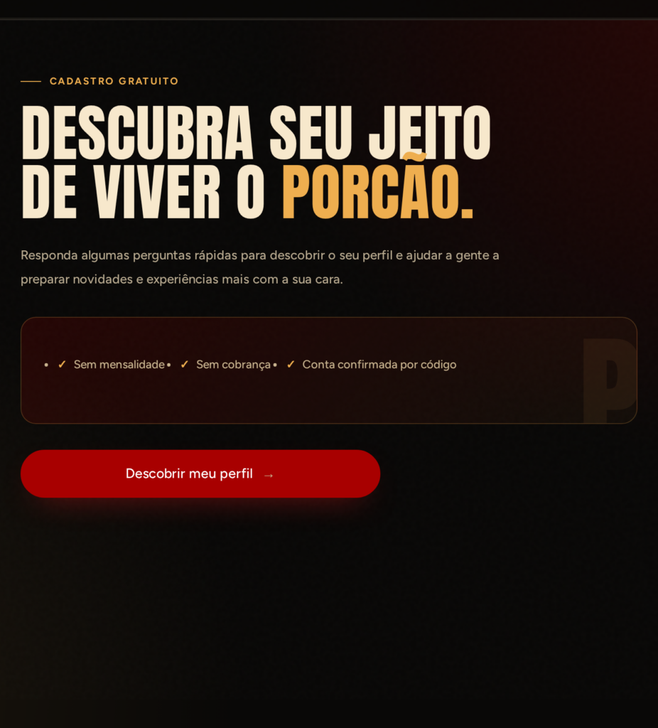 A tela de abertura do cadastro gratuito, com o botão que inicia o quiz de perfil.