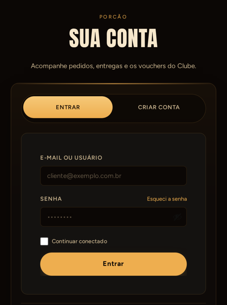 A tela Sua conta, com as abas de entrar e de criar conta.