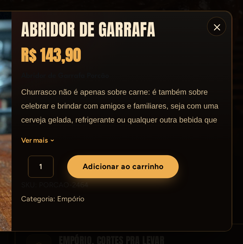 O painel do produto, com preço, descrição, quantidade e o botão de adicionar ao carrinho.