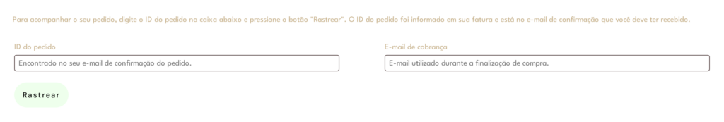 A página de rastreamento, com os campos de identificação do pedido e o botão de rastrear.