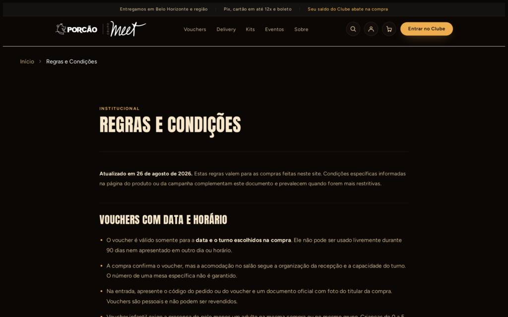 A página Regras e Condições, com a data de atualização e o bloco sobre vouchers com data e horário.