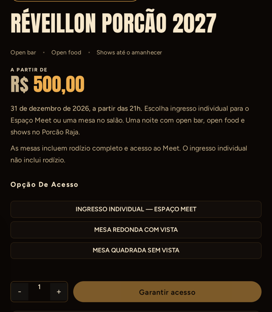 A página do Réveillon, com o preço, a descrição e o seletor de compra.