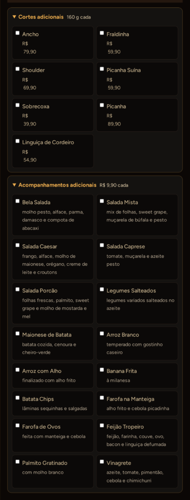 Os blocos de adicionais abertos, com preço e descrição de cada opção.