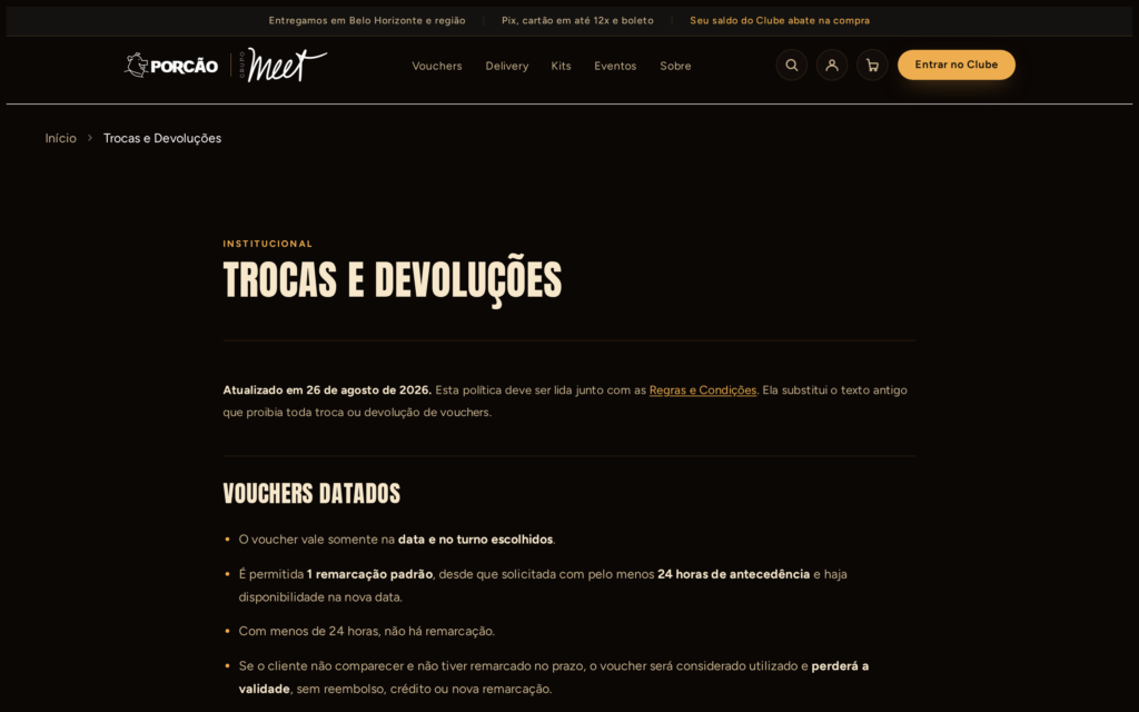 A página Trocas e Devoluções, com as regras de vouchers datados.